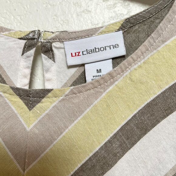 Liz Claiborne Linen Blend Sleeveless Aline Chevron Dress Grey Yellow Womens Med - Picture 2 of 11